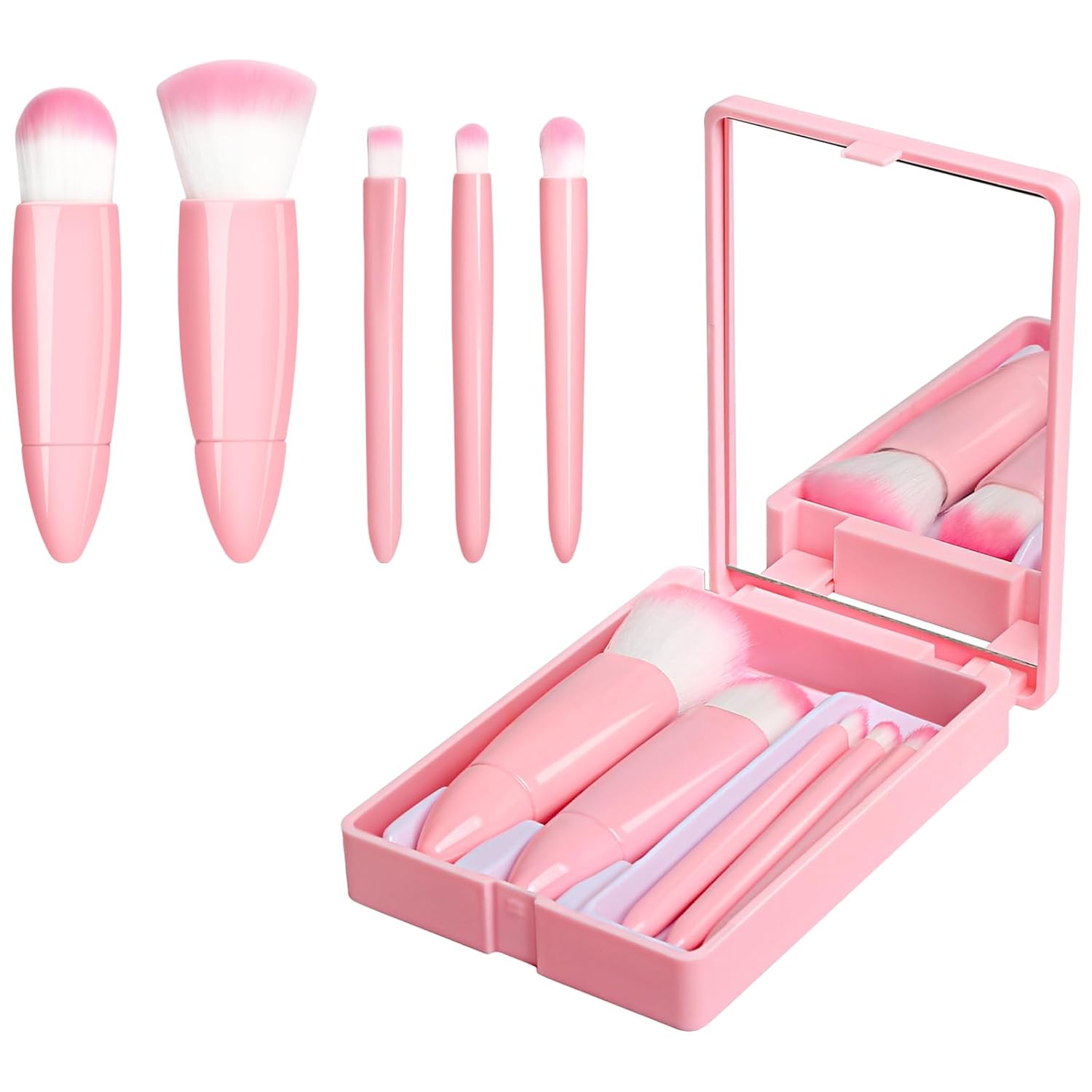 6pcs Portable Makeup Brush Travel Set with Box And Mirror Mini Multifunctional Loose Powder Brush Foundation Brush Eyeshadow Brush