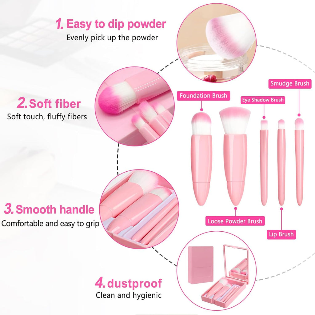 6pcs Portable Makeup Brush Travel Set with Box And Mirror Mini Multifunctional Loose Powder Brush Foundation Brush Eyeshadow Brush