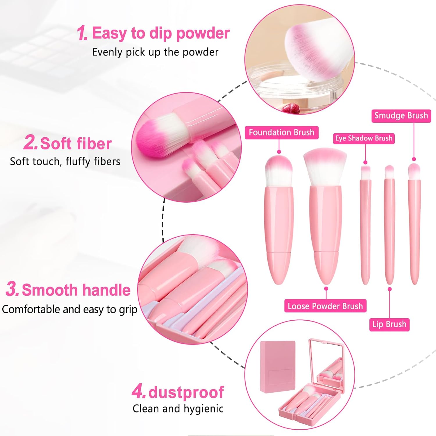 6pcs Portable Makeup Brush Travel Set with Box And Mirror Mini Multifunctional Loose Powder Brush Foundation Brush Eyeshadow Brush