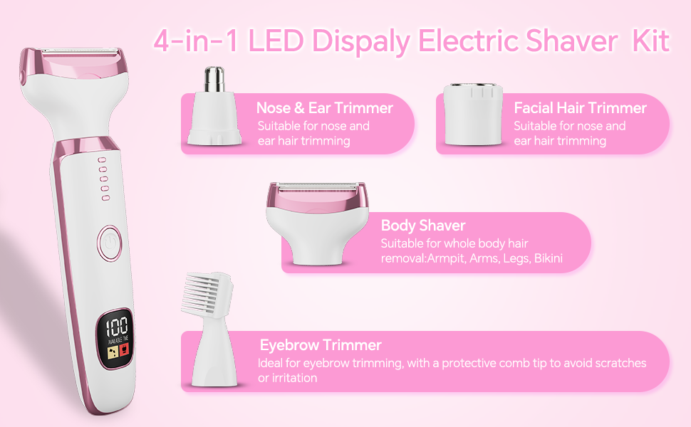 Premium Electric Razor for Women, 4-in-1 Rechargeable Grooming Kit. Ultimate Shaving Care Gift, Lady Electric Shaver for Face,, Legs And Underarm,Trimmer for Women